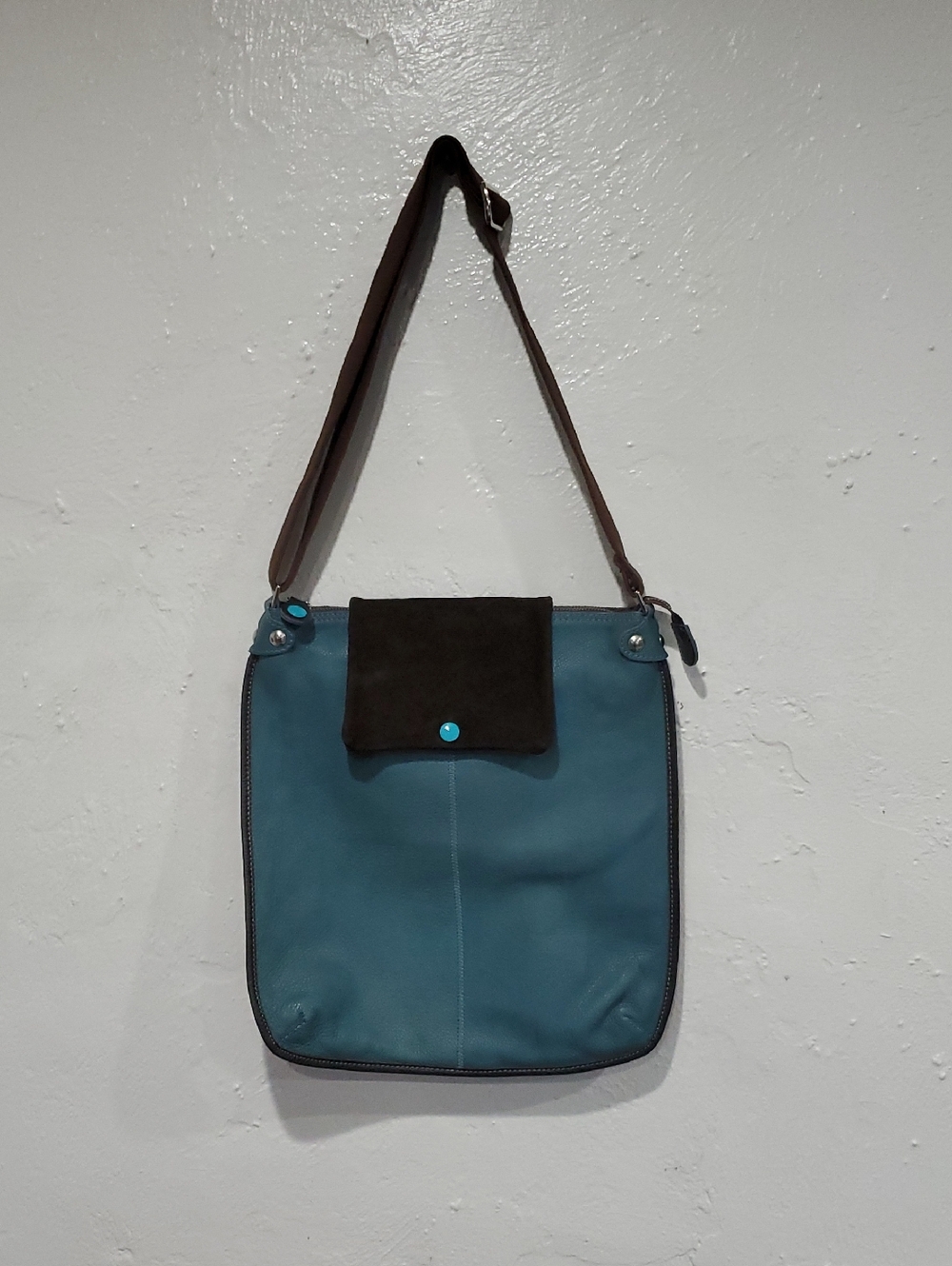 Gabs Made In Italy Teal Leather & Tweed Bag with Brown Suede Flap Bag